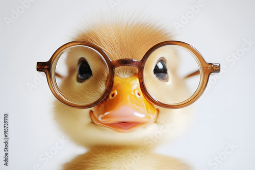 Closeup cute duck face with round glasses isolated on a white background photo