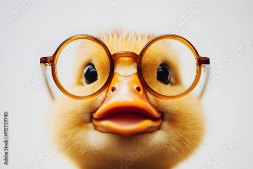 Closeup cute duck face with round glasses isolated on a white background photo