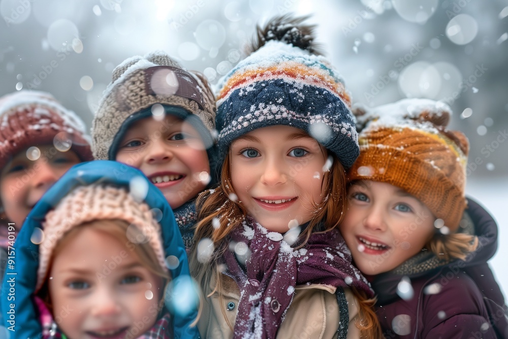 Hugging a group of kids in winter Hugging a group of kids in winter