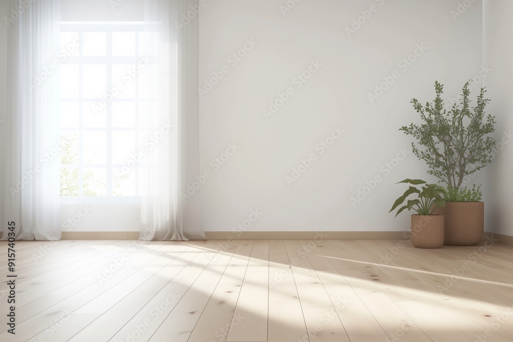 Fototapeta premium Indoor plants on wooden floor with white wall background