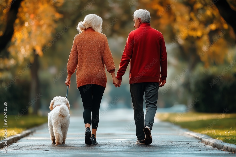 Retirement people exercise and walking with dogs in the park Retirement people exercise and walking with dogs in the park