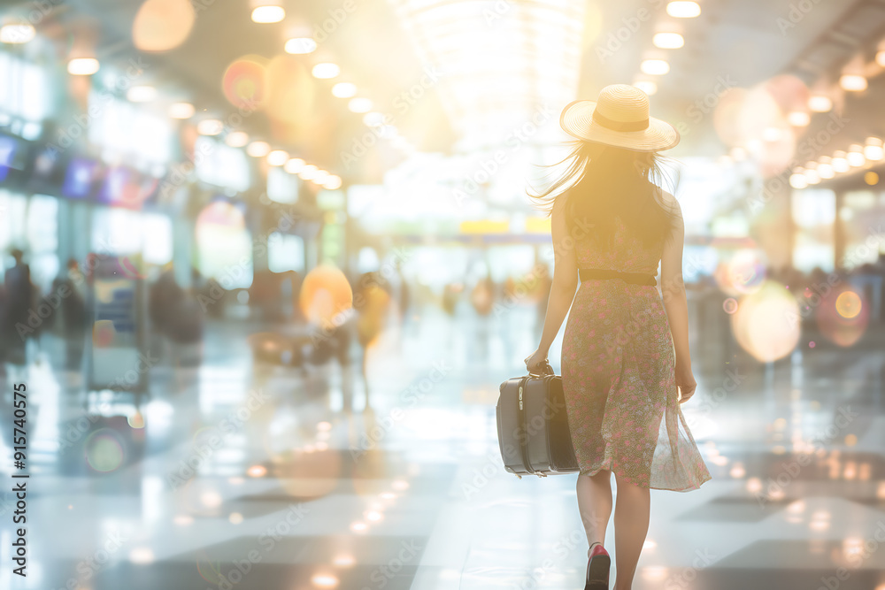 Naklejka premium Back view of a female traveler in a hat walks through an airport terminal with her bag