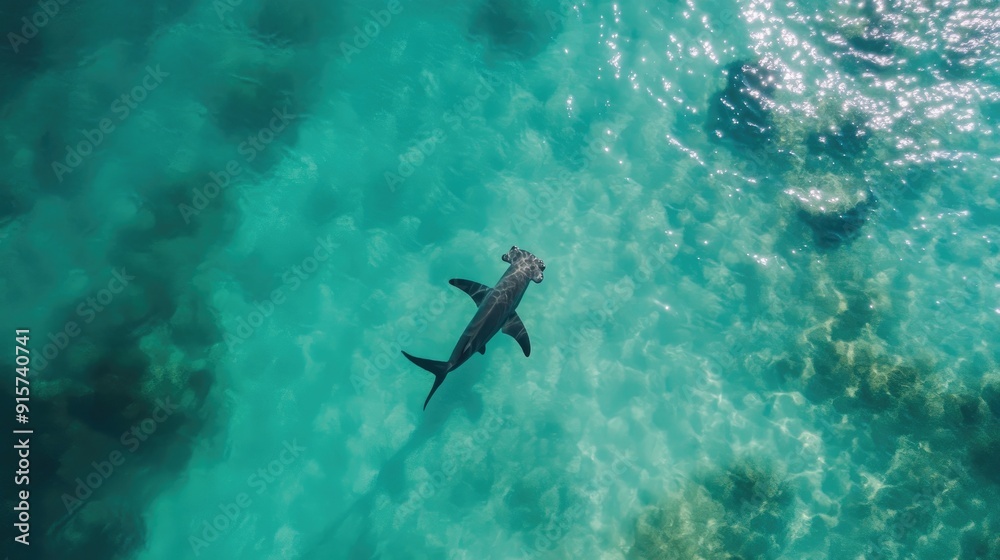 An Overhead View of a Hammerhead Shark Swimming in Clear Turquoise Water An Overhead View of a Hammerhead Shark Swimming in Clear Turquoise Water