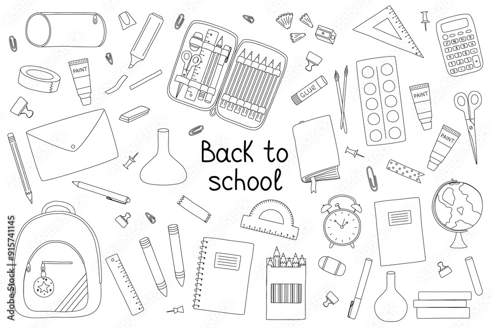 Back to school elements set, doodle style flat vector outline for coloring book Back to school elements set, doodle style flat vector outline for coloring book