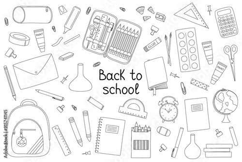 Back to school elements set, doodle style flat vector outline for coloring book