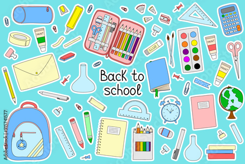 Sticker set with Back to school elements, doodle style vector