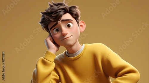 3D cartoon character of a teenage boy in a yellow sweater, with a perplexed expression, scratching his head with a puzzled look focusing on the character's bewildered expression