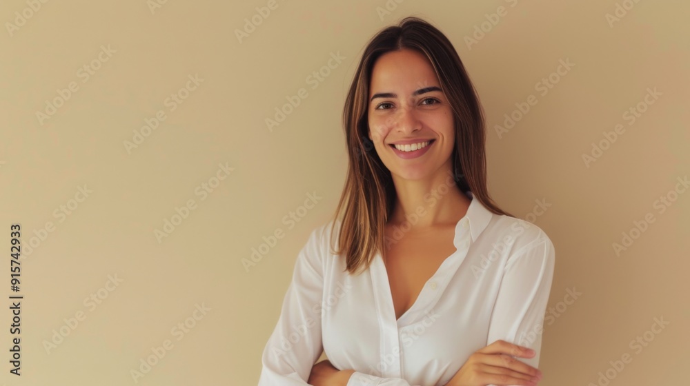 A lovely woman with straight hair stands with her arms crossed and a warm smile, set against a beige background A lovely woman with straight hair stands with her arms crossed and a warm smile, set against a beige background