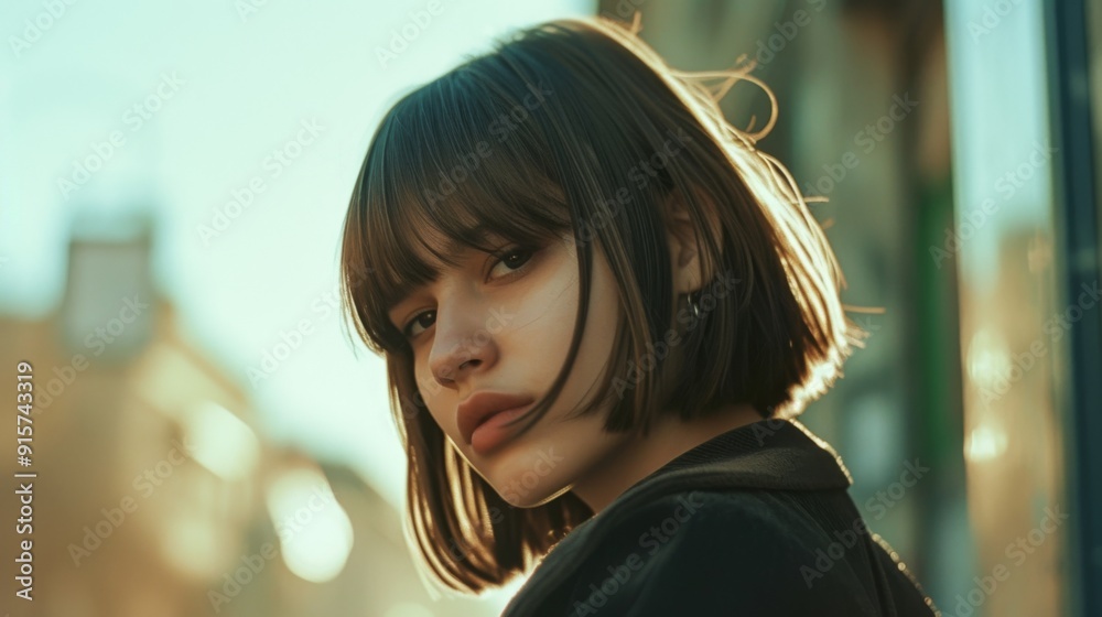 Fototapeta premium A girl with a stylish brown bob haircut poses elegantly for a magazine shoot