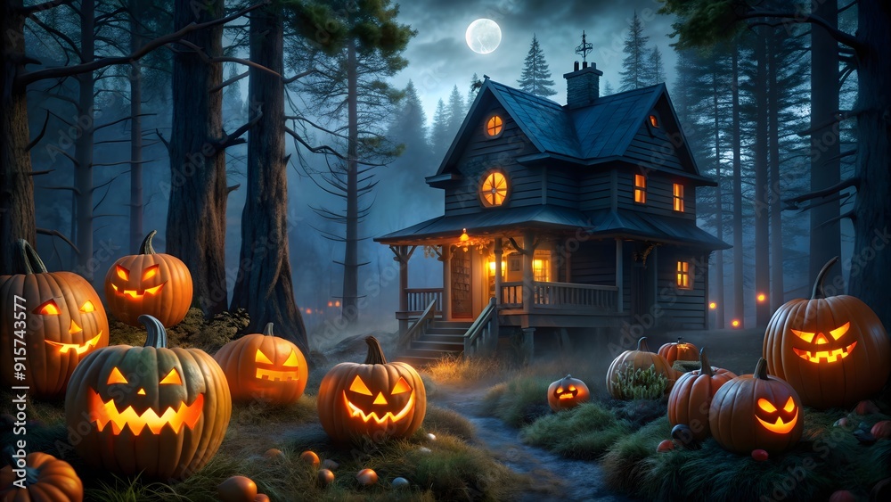 Happy Halloween pumpkins bats, ghosts, spiders on background AI generated