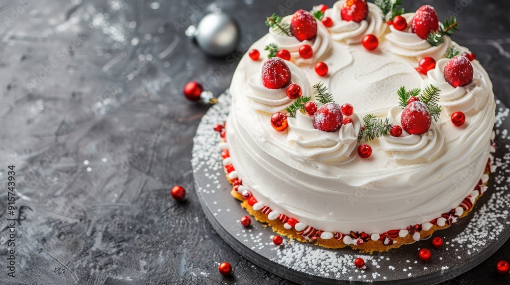 Homemade holiday cake with festive decor. Christmas theme. Blank area for text. Homemade holiday cake with festive decor. Christmas theme. Blank area for text.