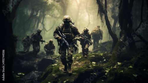 Soldiers in combat gear with camouflage paint on faces navigate jungle path with rifles photo