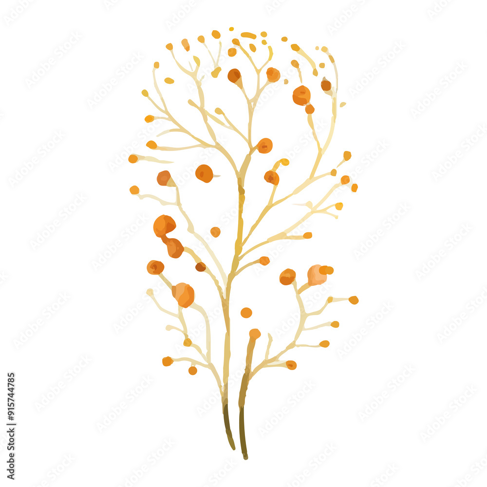 Watercolor illustration of a delicate, stylized branch with round, orange-colored leaves. Watercolor illustration of a delicate, stylized branch with round, orange-colored leaves.