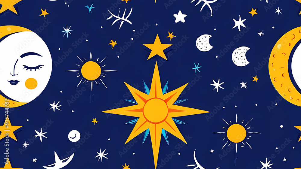 Patterns Design with moon, crescent, star and sun themes Patterns Design with moon, crescent, star and sun themes
