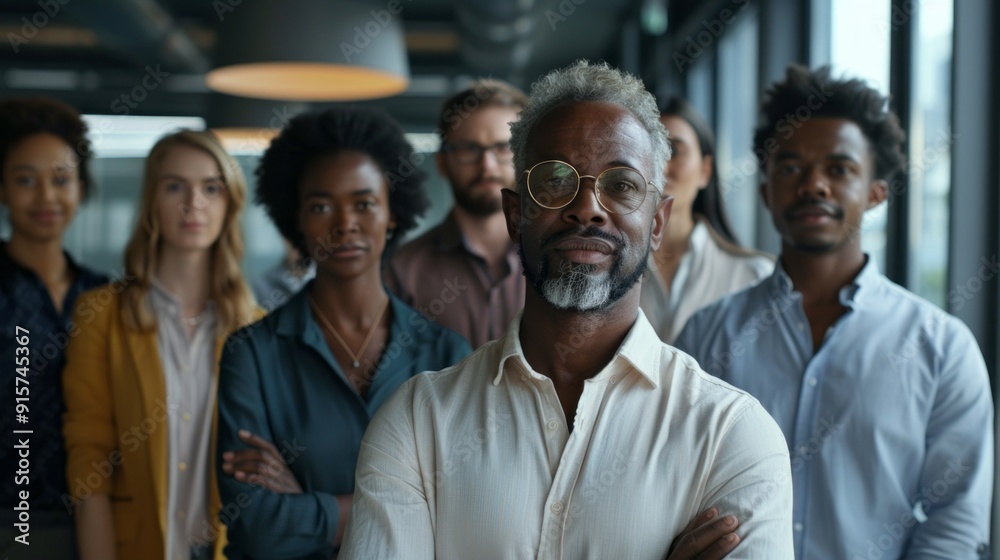 A group of people are standing together, one of them wearing glasses A group of people are standing together, one of them wearing glasses