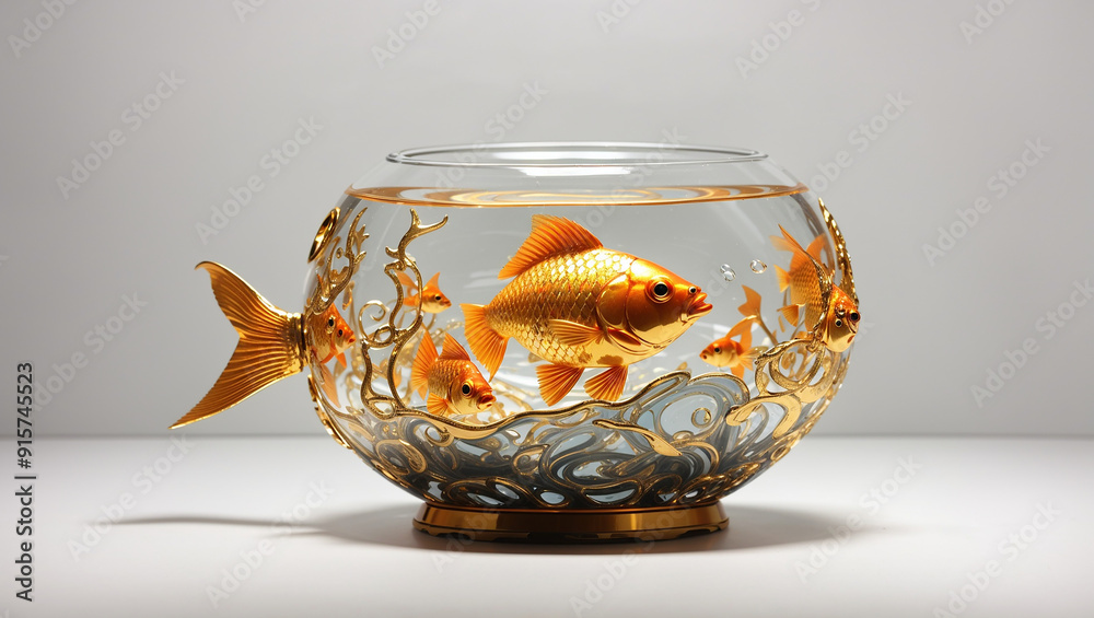 A round glass fishbowl with a gold stand. A round glass fishbowl with a gold stand.
