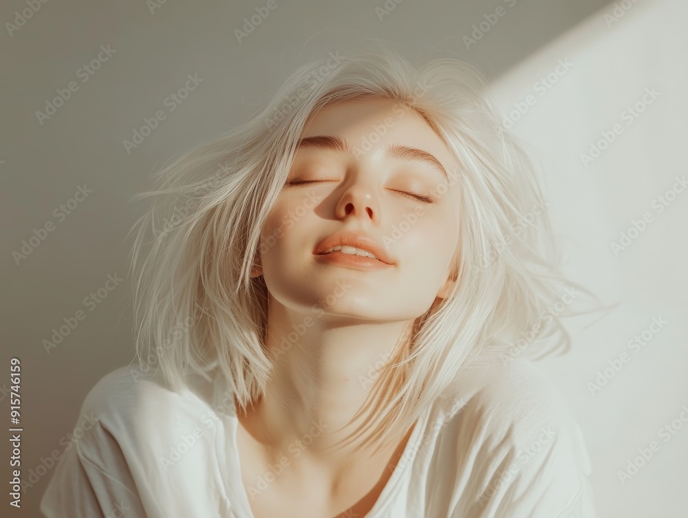 Portrait of a serene woman with platinum blonde hair and closed eyes, basking in soft natural light, fashion photography Portrait of a serene woman with platinum blonde hair and closed eyes, basking in soft natural light, fashion photography