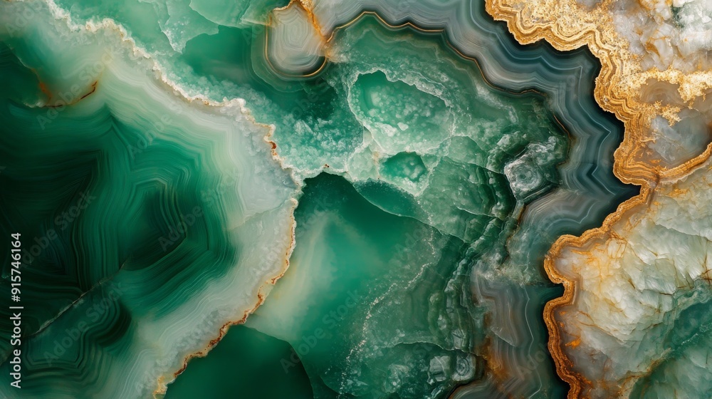 Obraz premium Green and gold agate stone close-up with vivid natural patterns and textures