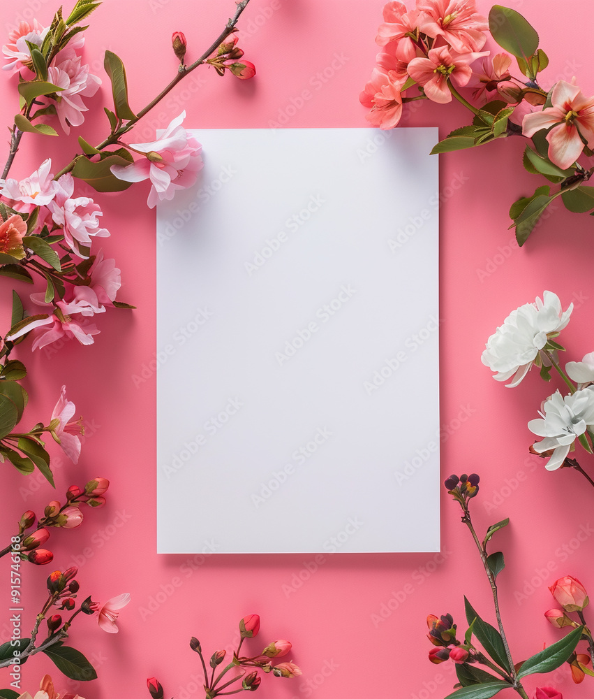 Blank paper note with floral frame on pink background Blank paper note with floral frame on pink background