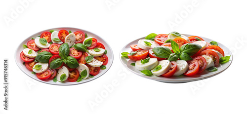 Caprese salad on a white plate, mozzarella cheese and tomatoes, side and top view, italian food bundle isolated on a transparent background