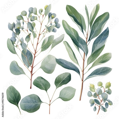 Watercolor Eucalyptus Leaves and Branches Isolated on White Background.