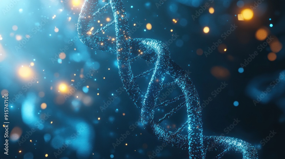 double helix DNA on blue background with glowing particles. Abstract futuristic medical and scientific concep double helix DNA on blue background with glowing particles. Abstract futuristic medical and scientific concep