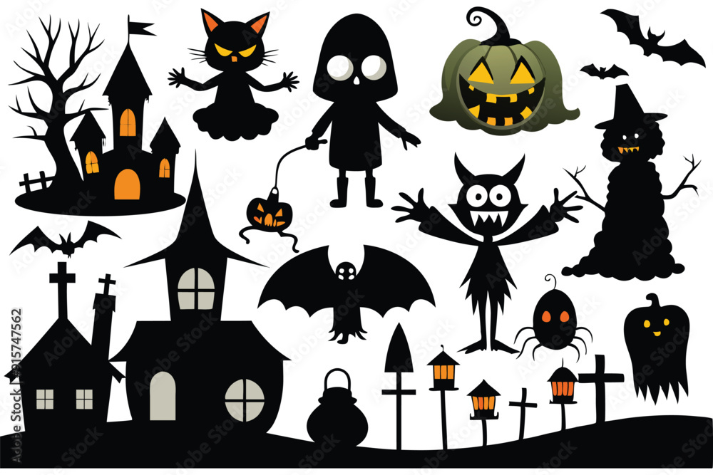 Fototapeta premium Halloween silhouette collection on a white background.