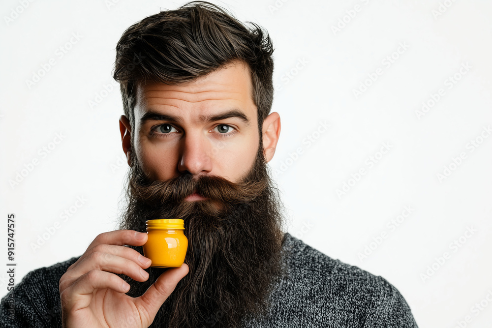 Bearded Man Holding Yellow Jar of Grooming Product, Close-Up Portrait on White Background Bearded Man Holding Yellow Jar of Grooming Product, Close-Up Portrait on White Background