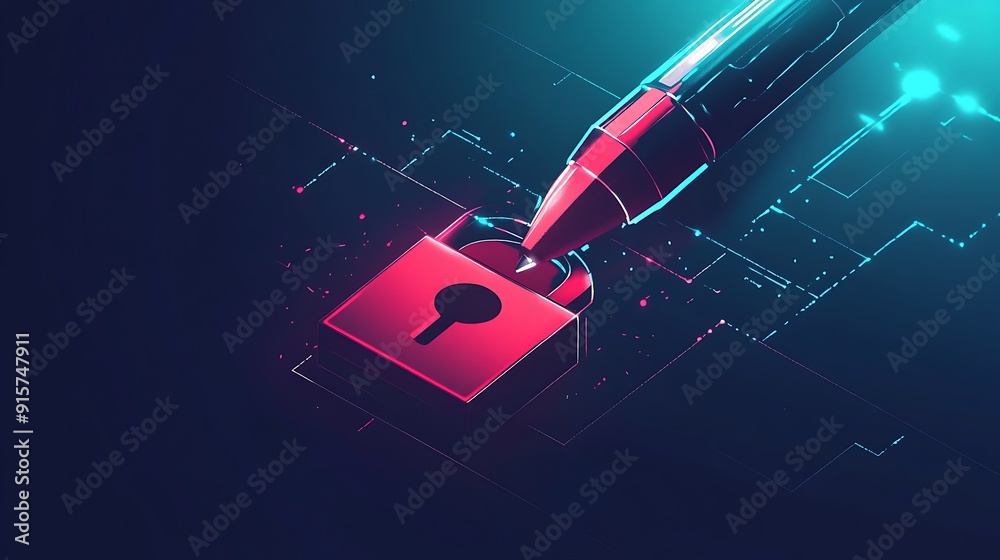 Naklejka premium A glowing red padlock being pierced by a glowing blue digital arrow