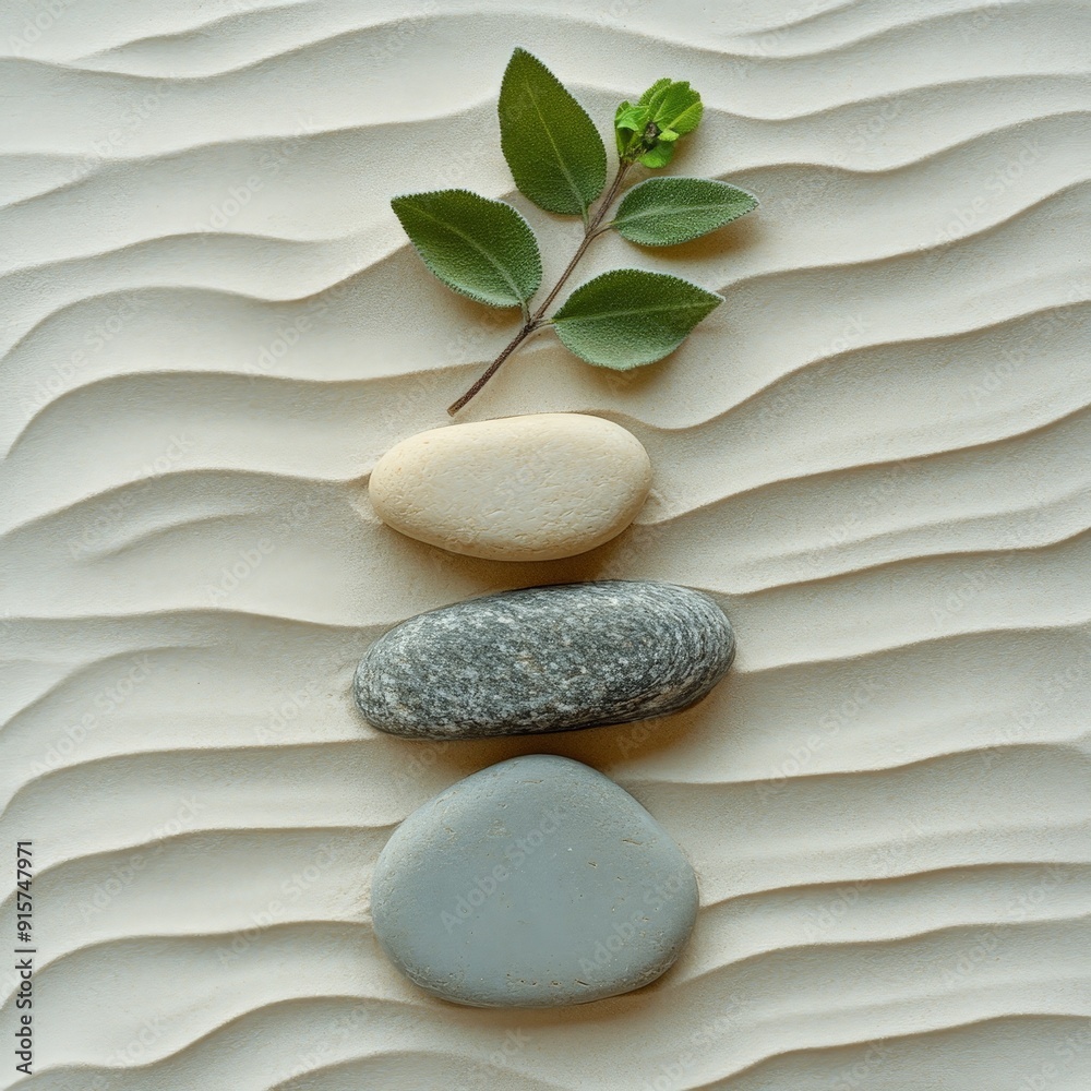 Fototapeta premium Tranquil Scene with Sage Twig and Smooth Pebbles on Sand