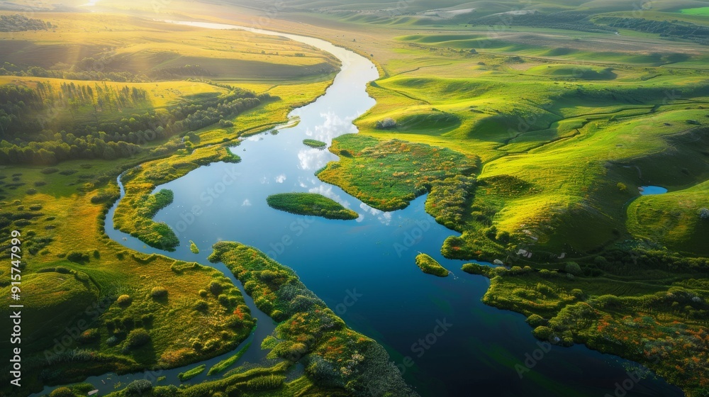 Aerial view of a winding river through lush green valleys with vibrant landscapes, showing the beauty of nature's untouched wilderness and scenic serenity Aerial view of a winding river through lush green valleys with vibrant landscapes, showing the beauty of nature's untouched wilderness and scenic serenity