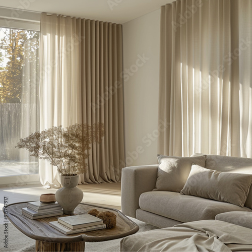 Capturing the unique blend of functionality and style in a living room adorned with blackout curtains and minimalist Japandi furniture.