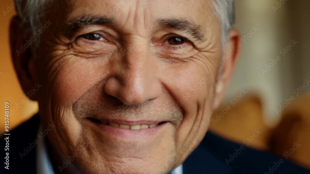 Close-up headshot of a handsome senior man, smiling at the camera with a joyful expression, reflecting on retirement and life changes, despite a serious undertone Close-up headshot of a handsome senior man, smiling at the camera with a joyful expression, reflecting on retirement and life changes, despite a serious undertone