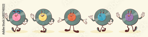 Groovy Vinil Retro Characters Set. Cartoon Music Disk Record Personage Walking, Dancing and Smiling. Vector Funny Disko Mascot Templates Collection. Happy Vintage Cool Illustrations Isolated