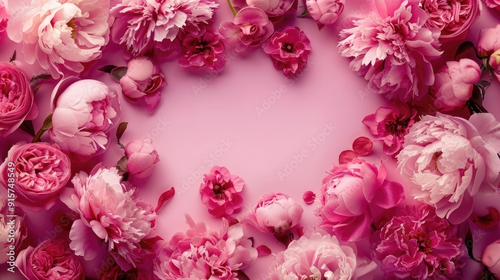 Spring Design. Romantic Floral Frame with Peonies and Roses on Pink Background Spring Design. Romantic Floral Frame with Peonies and Roses on Pink Background