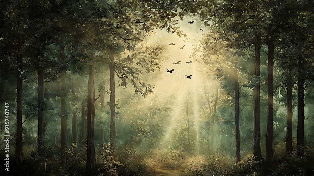 Obraz premium Sunbeams Through Trees in a Misty Forest