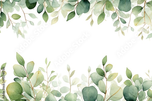 Watercolor eucalyptus leaves border with copy space.
