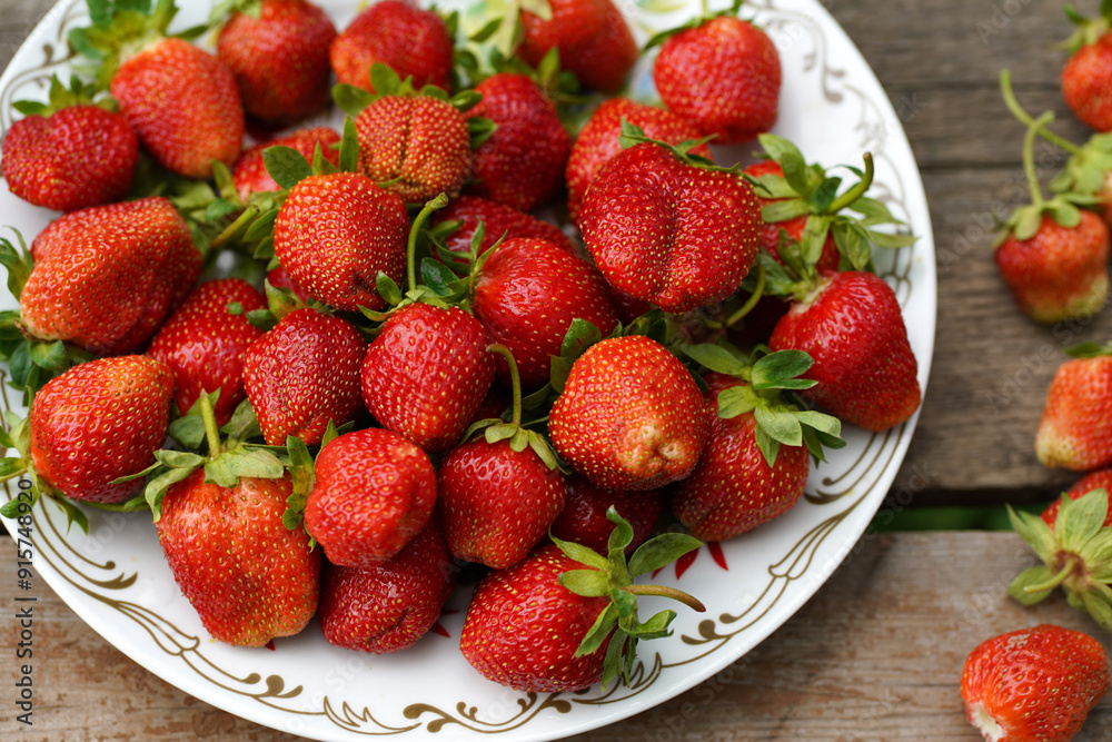 Plate of strawberries in the garden top view Plate of strawberries in the garden top view