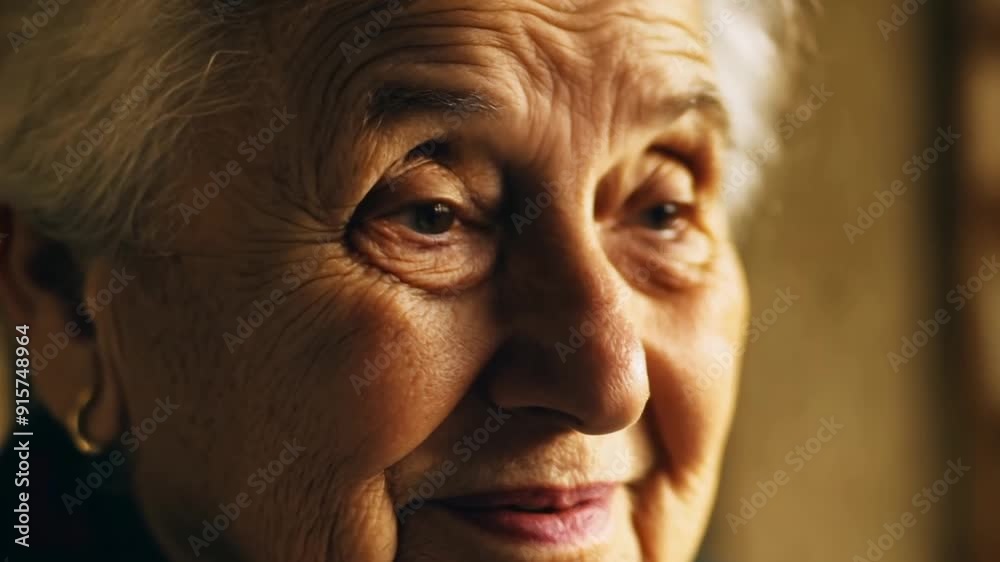 Close-up portrait of a senior woman with a mix of joyful and nostalgic emotions in her eyes, her wrinkled face reflecting deep contemplation and memories as she looks away Close-up portrait of a senior woman with a mix of joyful and nostalgic emotions in her eyes, her wrinkled face reflecting deep contemplation and memories as she looks away
