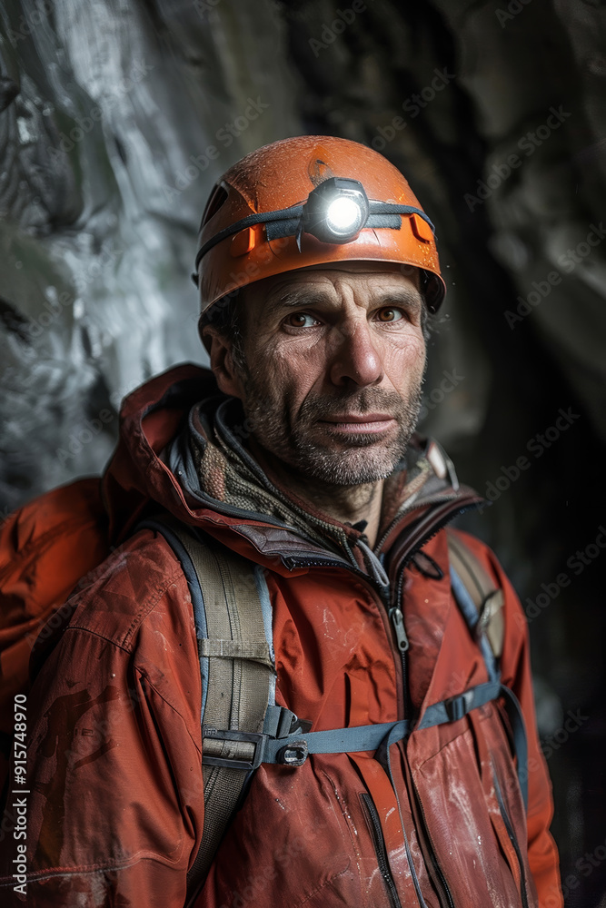 Fototapeta premium A determined explorer stands in a dimly lit cave, wearing a headlamp and prepared for an adventure in the mountains.