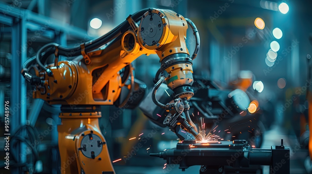 Fototapeta premium Industrial robotic arm welding metal pipes in a factory setting during the day