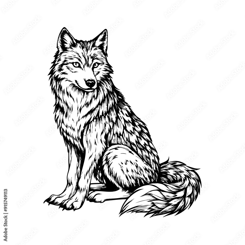 Obraz premium Wolf sitting calmly with its tail wrapped around its paws, on a white background.