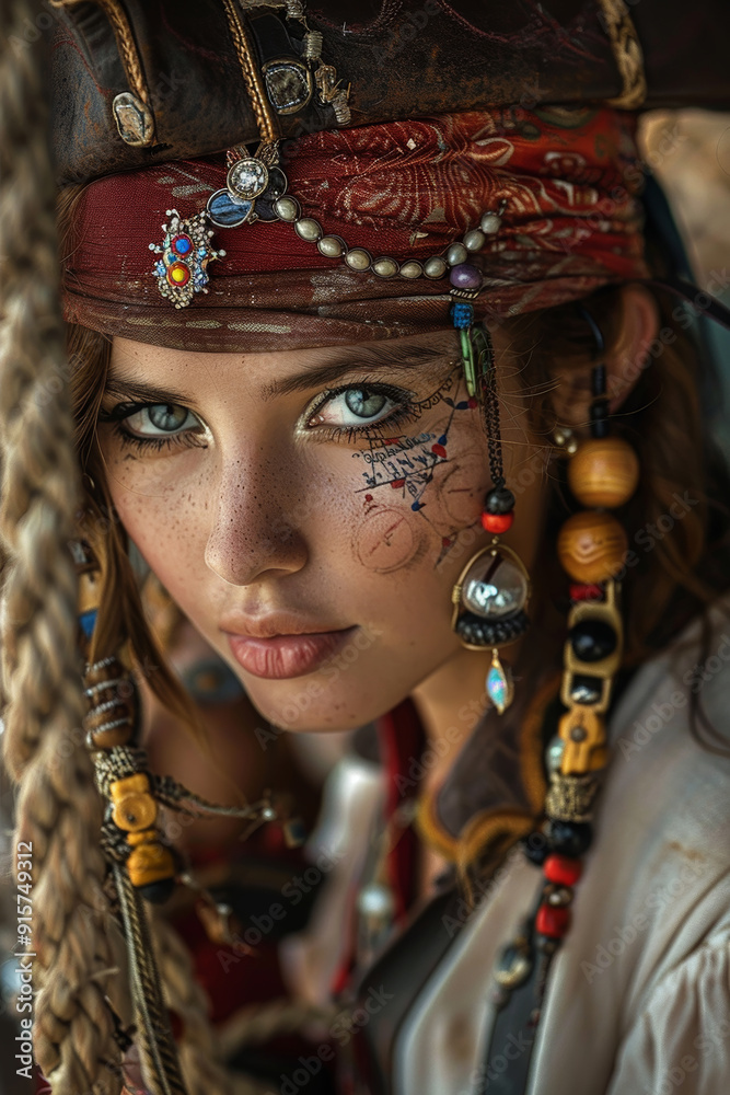 The fearless pirate queen gazes intently, her jeweled eyepatch and vibrant accessories shimmering in the fading sunlight. The fearless pirate queen gazes intently, her jeweled eyepatch and vibrant accessories shimmering in the fading sunlight.