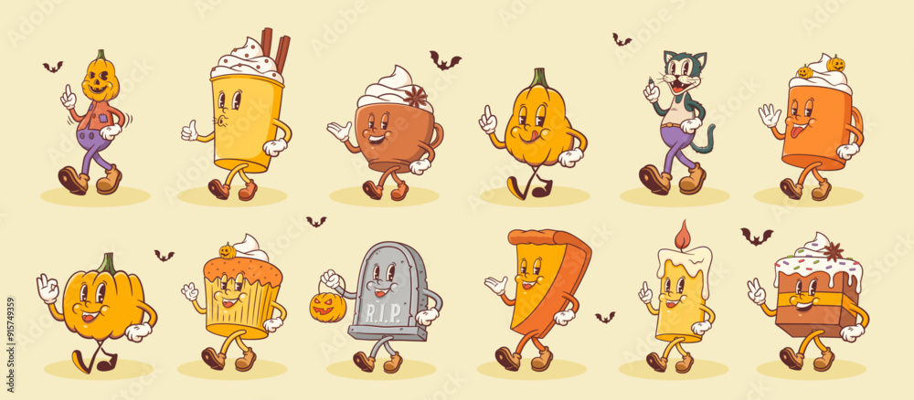 Groovy Halloween Retro Characters Set. Cartoon Food and Drink Pumpkin Pie, Cupcake, Coffee, Cat Tomb. Vector Autumn Holiday Sweets Mascot Templates. Happy Vintage Cool Personage Illustrations Isolated Groovy Halloween Retro Characters Set. Cartoon Food and Drink Pumpkin Pie, Cupcake, Coffee, Cat Tomb. Vector Autumn Holiday Sweets Mascot Templates. Happy Vintage Cool Personage Illustrations Isolated