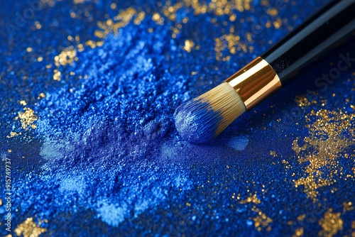 Close-Up of Blue Pigment and Gold Accents with Brush, Vibrant Artistic Composition photo