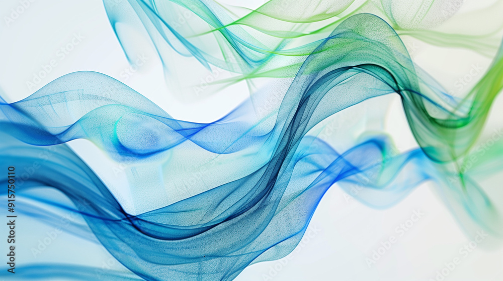 Obraz premium An abstract composition of blue and green lines converging and diverging, forming a fluid, wave-like pattern on a white background.