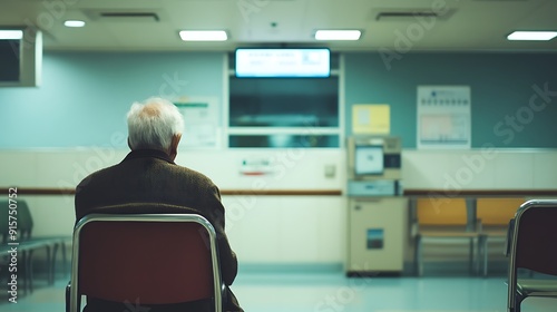 Elderly Man Sitting Alone in a Hospital Waiting Room photo