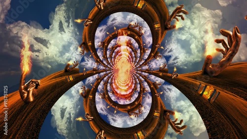 Giant hands with flame on a field ancient temple of fire