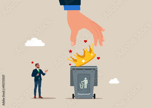 Businessman throw crown into the waste basket. Extreme self involvement too much confident disorder. Modern vector illustration in flat style. 