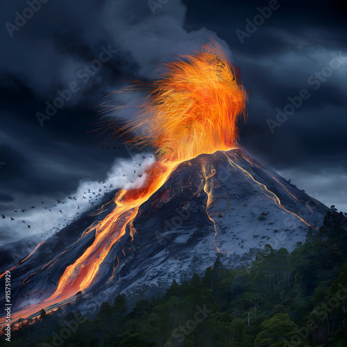 A volcano with lava and lightning coming out of it